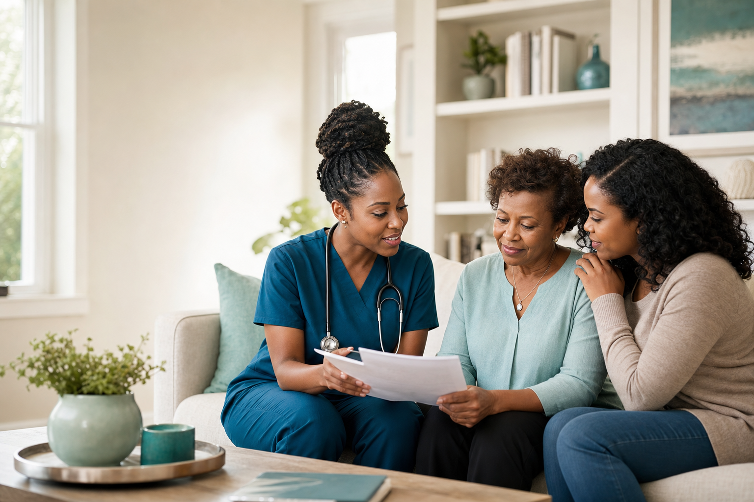 A nurse discussing a care plan with a client and family member